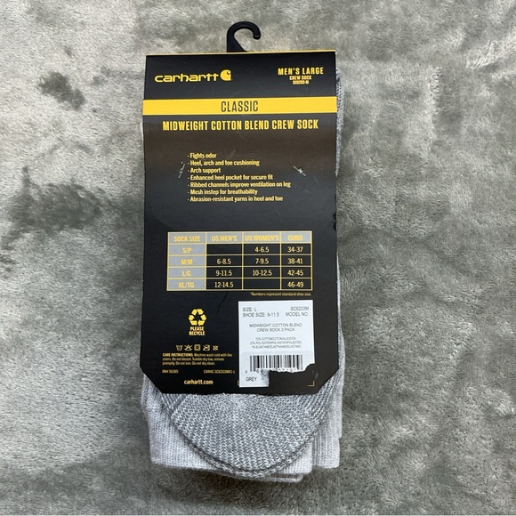 Carhartt Classic Midweight Cotton Blend Crew Sock 3pk Mens 9-11.5 ribbed durable - Picture 2 of 7